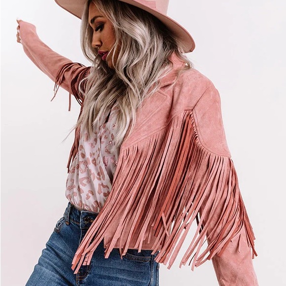 Women's Suede Fringe Jacket Long Sleeve Slim Faux Leather